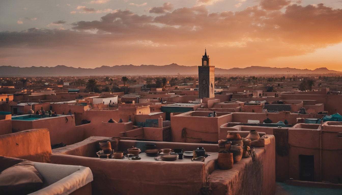 Descubra las vistas de puesta de sol más impresionantes de Marrakech desde sus encantadores tejados. Observe cómo el horizonte de la ciudad cobra vida con colores vibrantes mientras el sol se esconde bajo el horizonte.